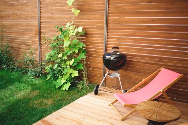 recreation area in the yard of the house: chairs, barbecue, table.